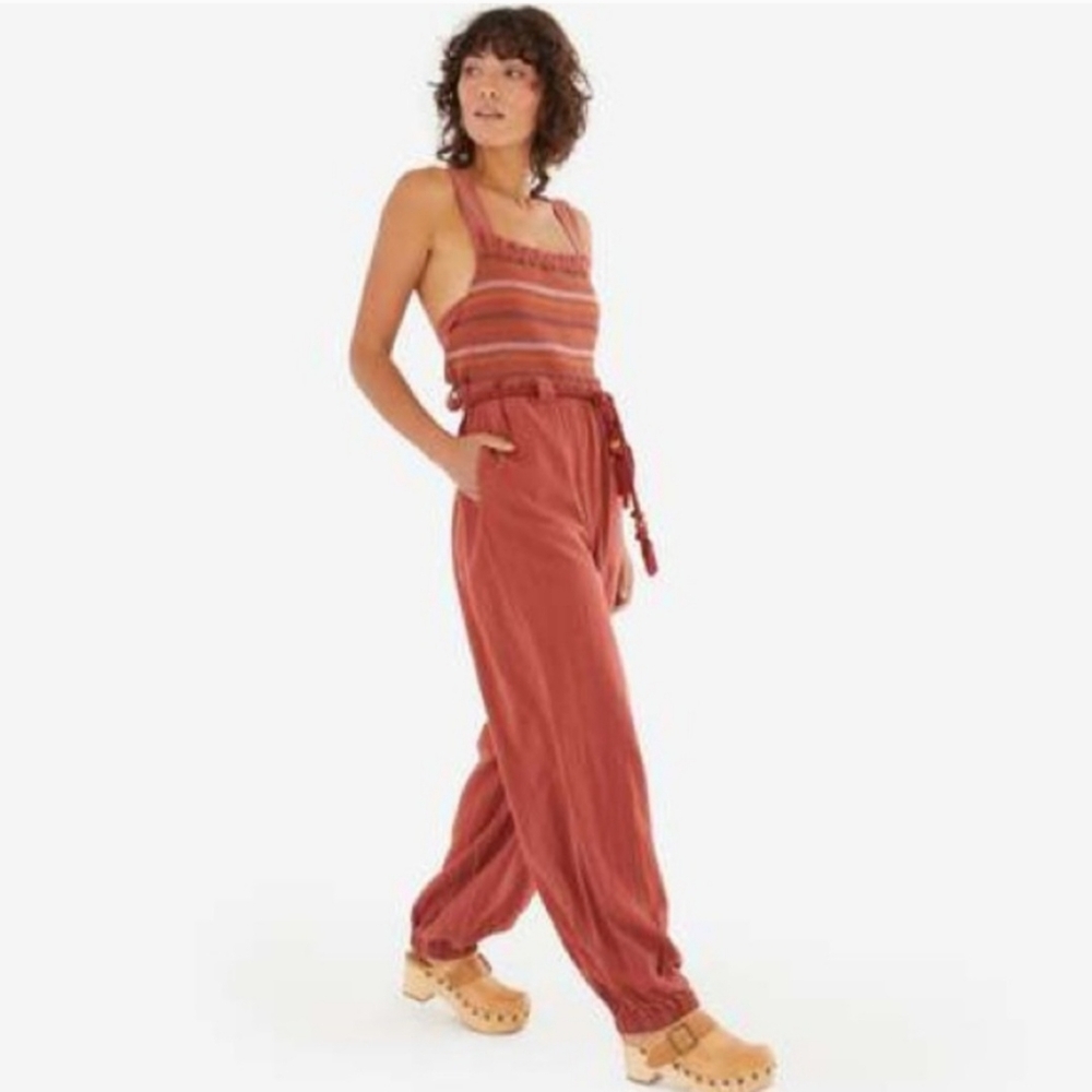 Free People Sienna Smocked Linen Blend Jumpsuit